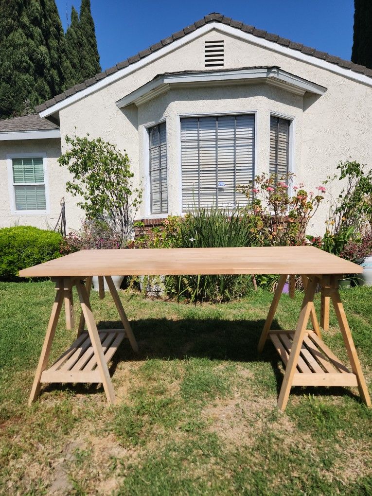 2 IKEA Finnvard Trestle with Shelf Birch with a table top