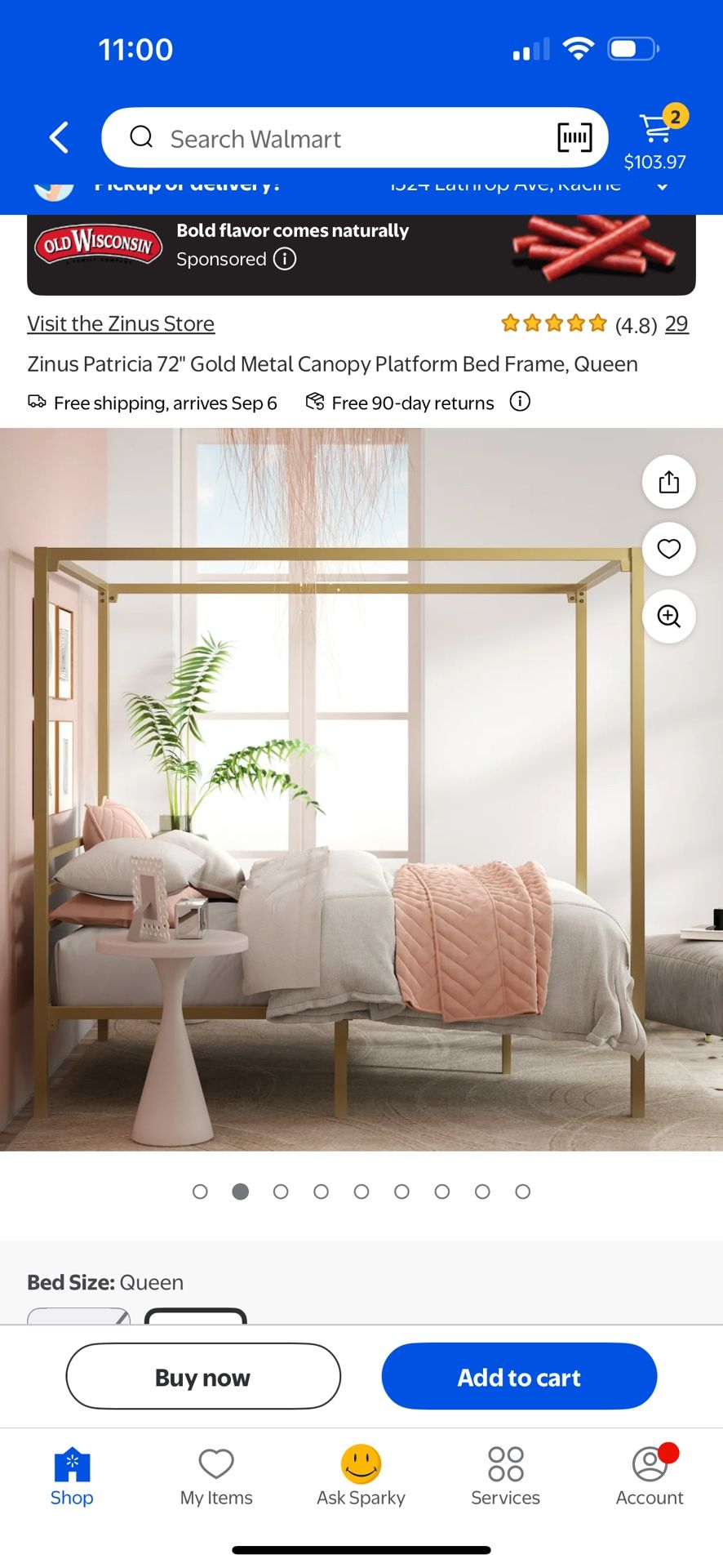 Gold Canopy, Bed, Bookshelf, Nightstand