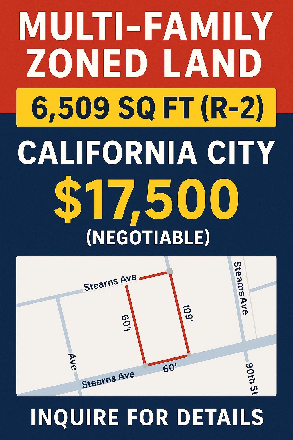 Vacant Land โ Zoned R-2 โ Build a Duplex โ 6,509 Sq Ft