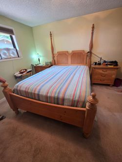 Queen 4 post bed frame with nice Sterns and Foster mattress and boxspring 
Pick up on August 12th 

Smoke free, pet free home
Please bring a truck and