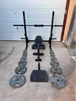 Olympic Weights, 7-ft Olympic Bar,  Bench, Squat Rack