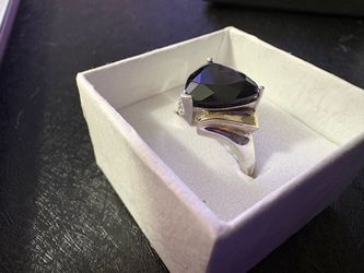 Vintage Signed AV 925, 14k Black Faceted Glass Ring With Diamonds
