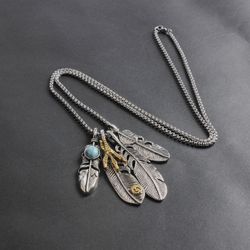 Takahashi Goros Necklace Inspired Four Feather with Turquoise 