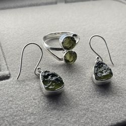 Earing Set w Ring Silver Moldavite
