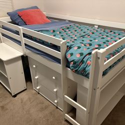 Kids’ Low Loft Twin Bed w/ Desk, Drawers, Shelves