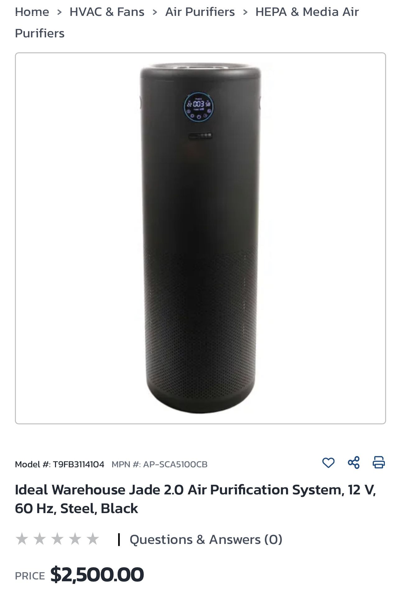 Ideal Warehouse Jade 2.0 Air Purification System, 12 V, 60 Hz, Steel, Black