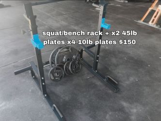 Squat/ bench rack and Olympic plates