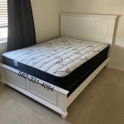Queen White Wooden Bed With BOXSPRING & 10” Orthopedic Supreme Mattress Included 📍 