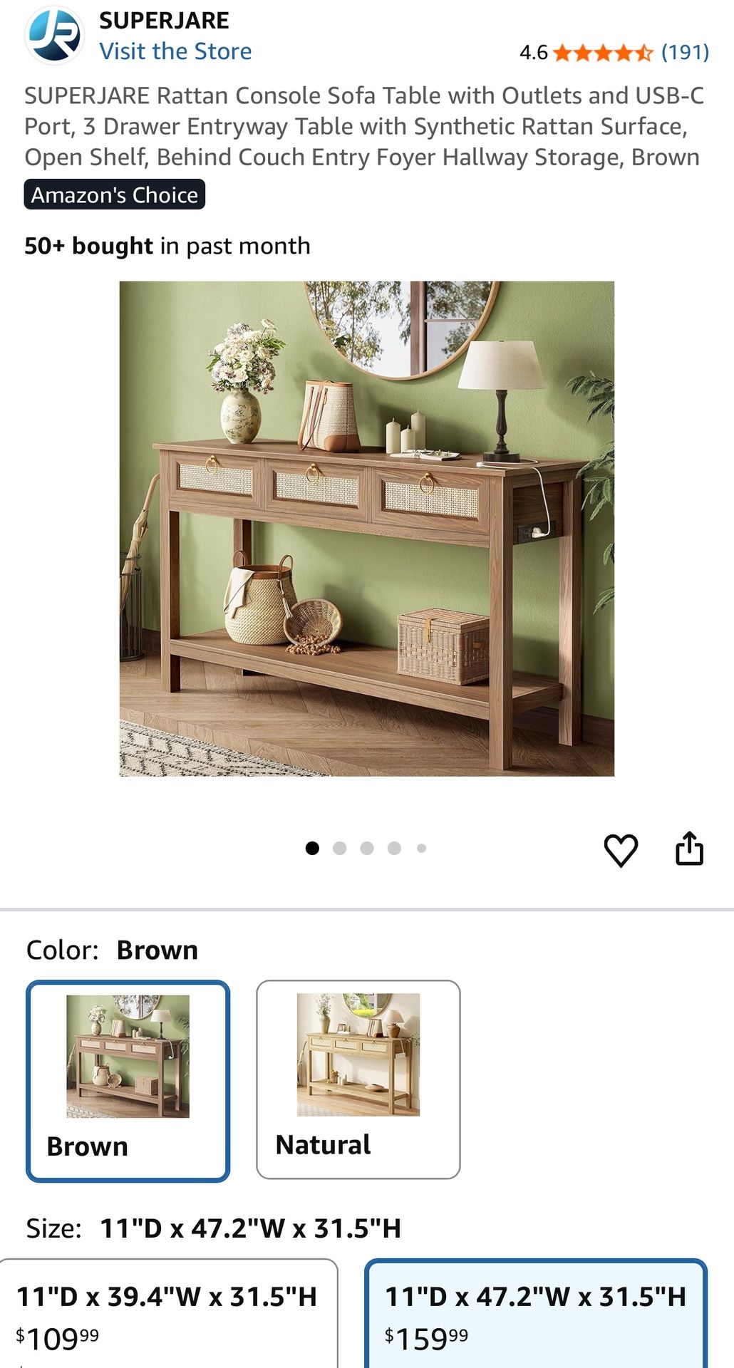 SUPERJARE Rattan Console Sofa Table with Outlets and USB-C Port, 3 Drawer Entryway Table with Synthetic Rattan Surface,