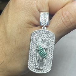 925 Sterling Silver St Jude Iced Pendant – Green & Clear CZ, Religious Charm