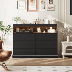GAOMON Black Dresser For Bedroom With 6 Drawers, Modern Chest Featuring LED Lights And Charging Station, Spacious Storage Cabinet With Open Space For 