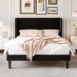 Full Size Velvet Bed Frame, Tufted Wingback Headboard, Black 47'' Modern Vertical Channel Headboard, Upholstered Platform Bed, Wood Slats, No Box Spri