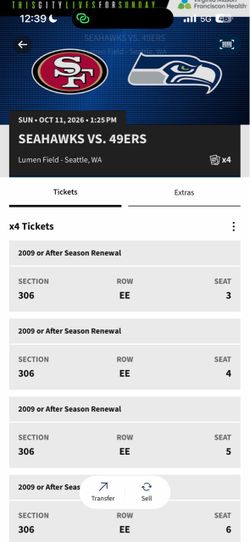 Seahawks vs 49ers - 4 Tickets - October 11 at 1:25pm - Section 306, Row EE, Seats 3-6