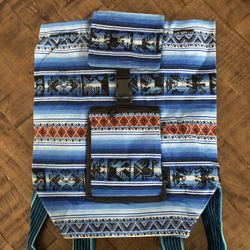 New Peru Backpack Bucket Drawstring black & blue Design Native Inca