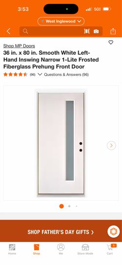 MP Doors 36 in. x 80 in. Smooth White Left-Hand Inswing Narrow 1-Lite Frosted Fiberglass Prehung Front Door