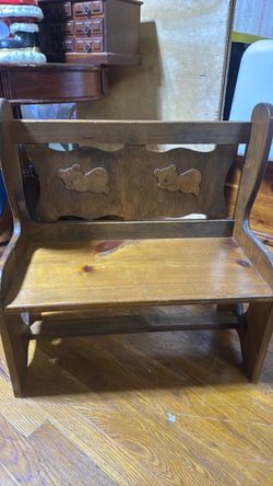 Wooden Children's Bench with Bear Carvings