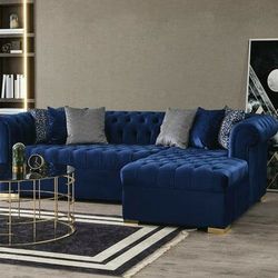 Audrey Velvet Blue RAF Chaise Sectional


