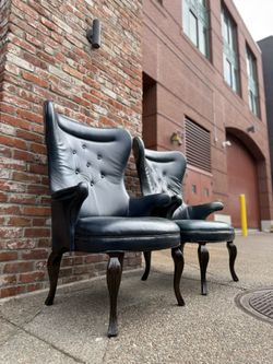 Dark Blue Genuine Leather Wing Back Chair