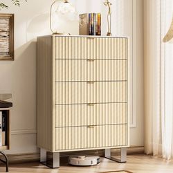Fluted 5 Drawers Dresser, 48" H Modern Country Storage Dressers with Brushed Metal Handles, Wood Storage Organizers for Bedroom, Living Room, Hallway,
