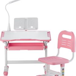 Pink Kids Study Desk With Chair, Adjustable To Grow With Your Child