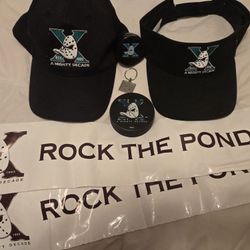 A Mighty Decade (Anaheim Ducks NHL) Hat Visor, Puck, Keychain, Thunder Sticks 