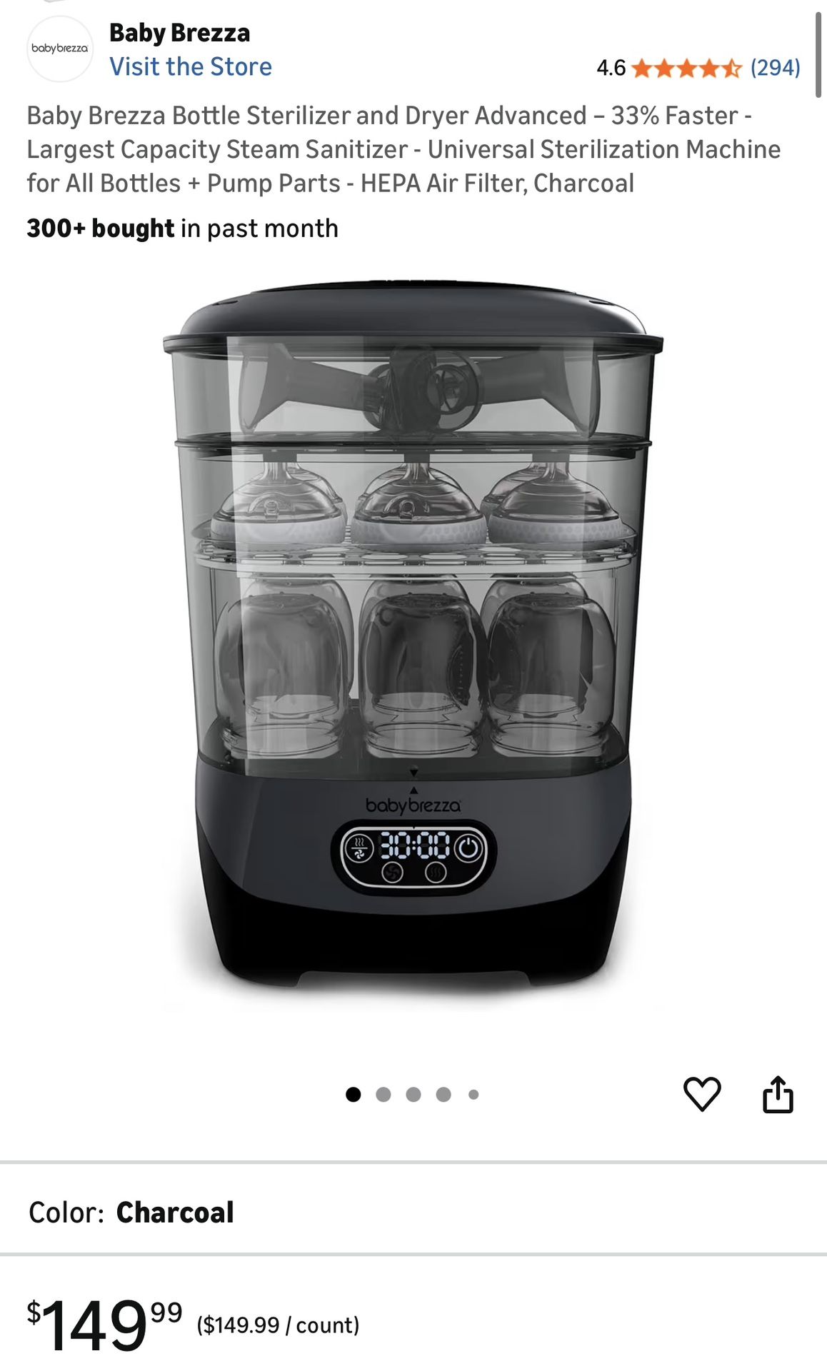 Baby Brezza Bottle Sterilizer and Dryer Advanced - Charcoal