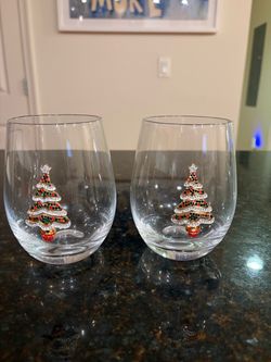 Christmas Tree Stemless Wine Glasses Set of 2