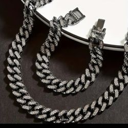  2 Pcs Men's FULLY ICED Gun Black Cuban Link Chain 14K Gold Plated Cubic Zirconia Necklace & Bracelet