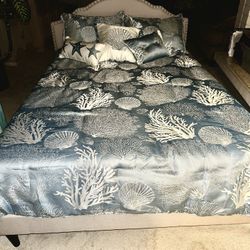 Free Grey Full Sized Platform Bed, Bedding, White Dresser With 5 Drawers