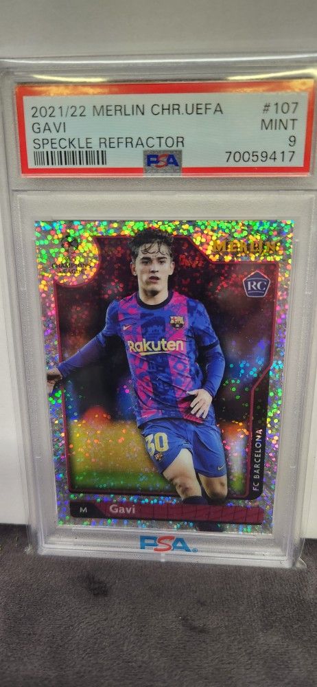 2021-22 Gavi Topps Merlin Chrome UEFA Speckle Refractor Rookie #/150 PSA 9