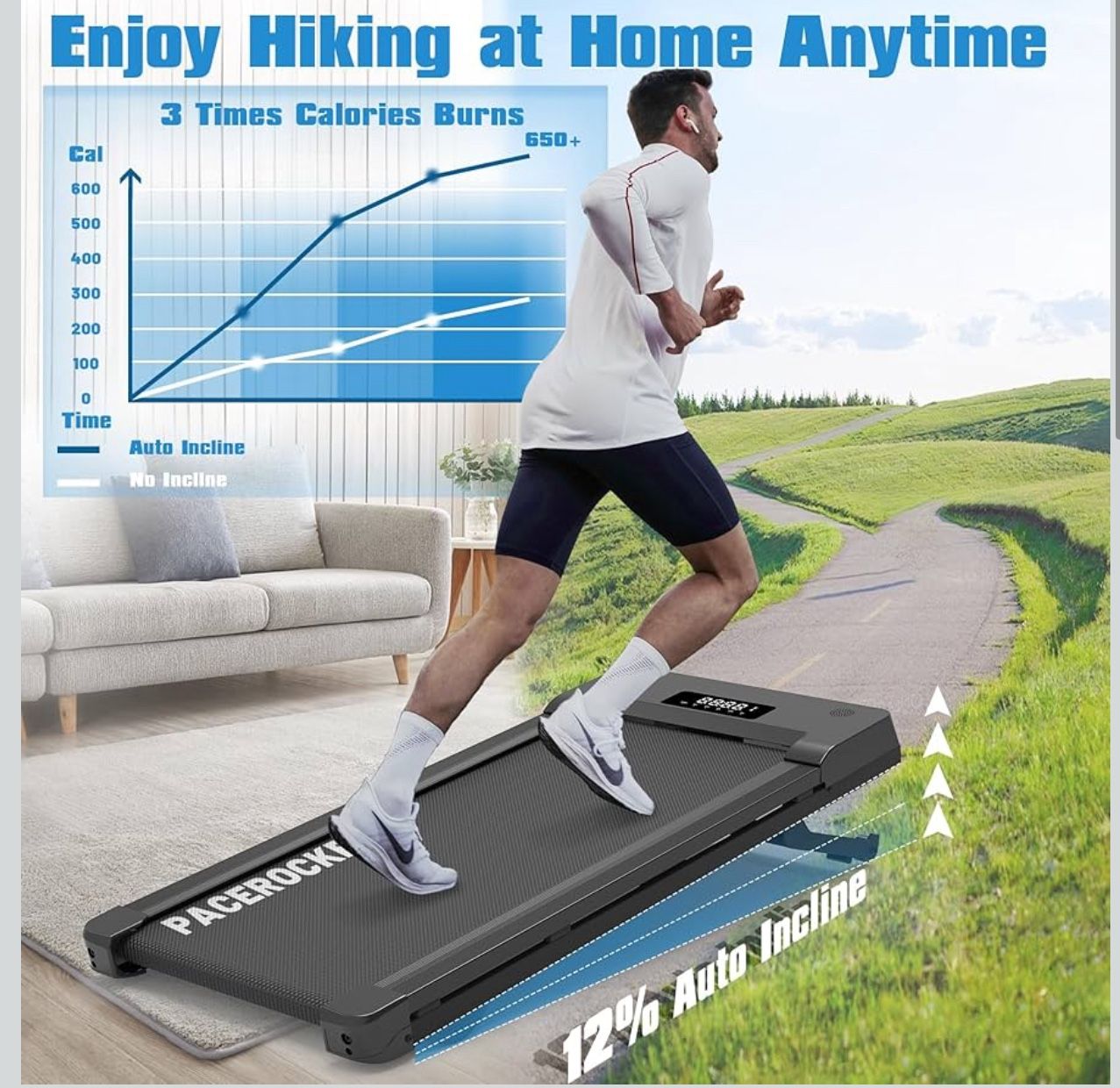 Walking Pad Treadmill with 12% 9-Level Auto Incline, 450 lbs Capacity Bluetooth Speaker Under Desk Treadmills for Home Hiking, 5 MPH
