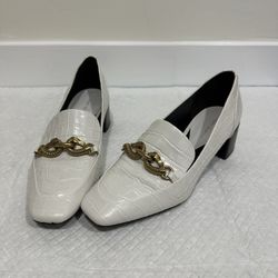 Tory Burch Croc Embossed Leather Chain Accent Block Heel Pumps Square Toe White