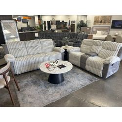 Two Tone Design 2 Piece Manual Reclining Sofa And Loveseat Set  With LED On Bottom 