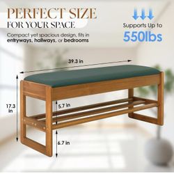DPWoodon  39.4" Large Size Acacia Wood Entryway Shoe Rack Bench with Cushion, (Color Peru/Dark Green/Dark Brown)