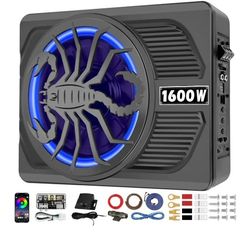 2026 Upgraded 1600W Slim Underseat Car Subwoofer and Amp Package with RGB Beat-Synced Light, Individual Control for Low Pass/Gain/Boost Bass, Clean De
