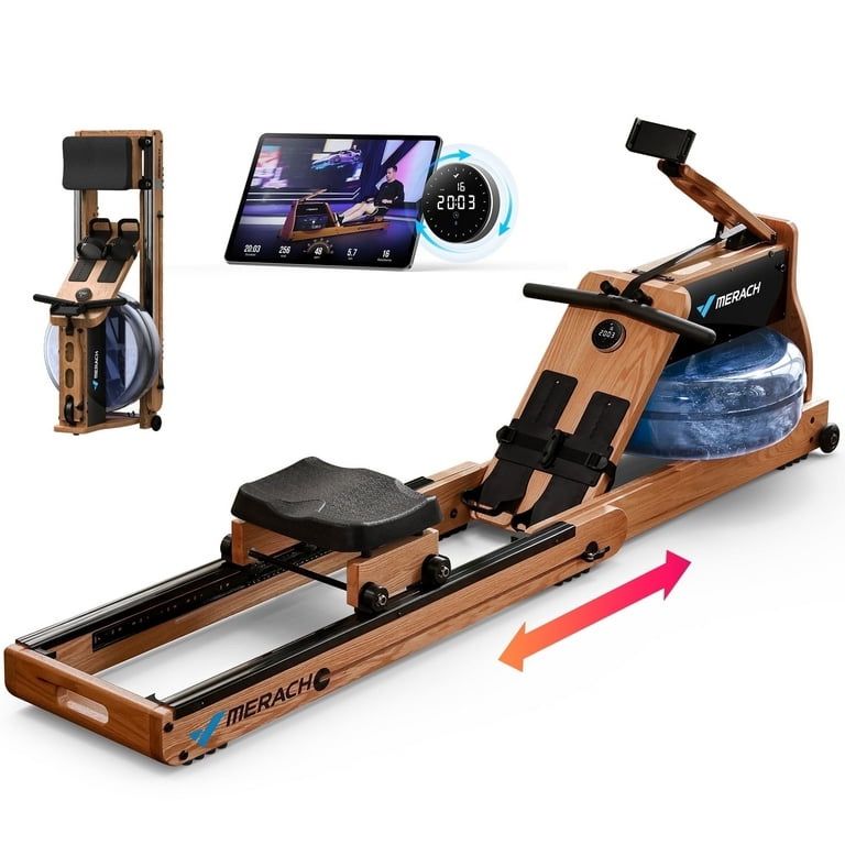 Water Rowing Machine with Dual Water & Magnetic Resistance, Foldable Wooden Rower for Home Workouts, 350 lbs Capacity