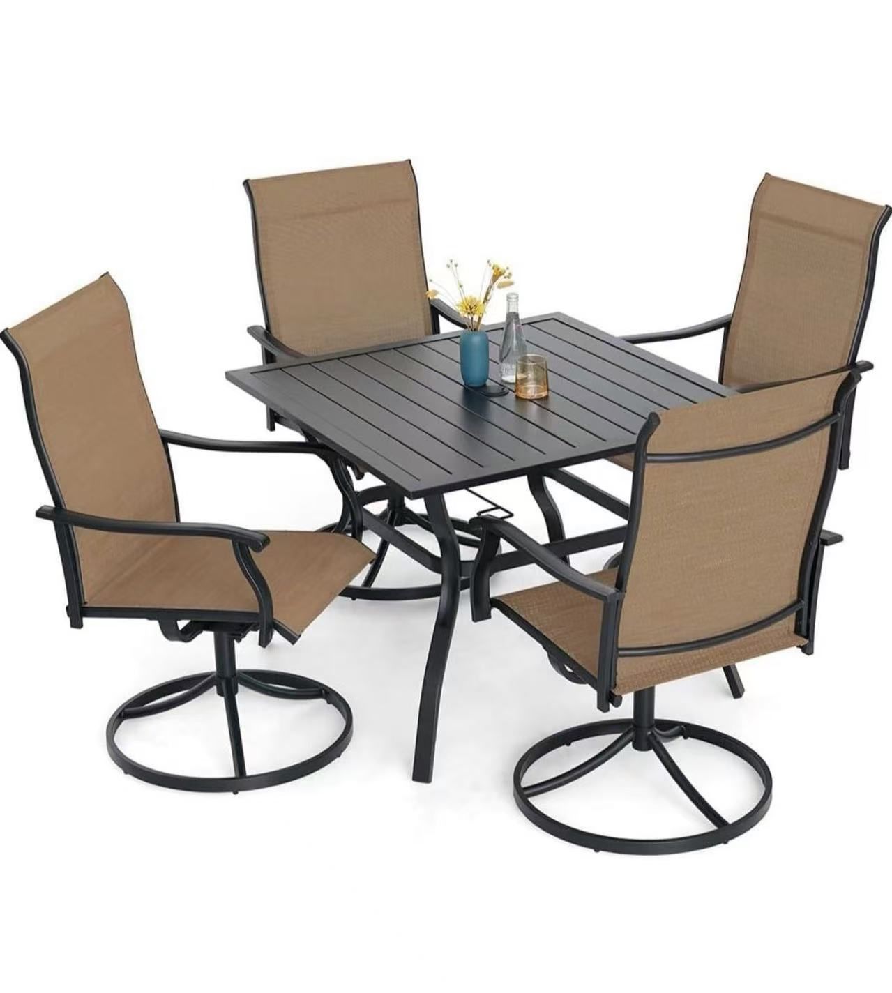 5-Piece Outdoor Dining Set, 35'' Square Table with 4 Swivel Chairs, All Weather Frame Furniture Set - Brown Style2