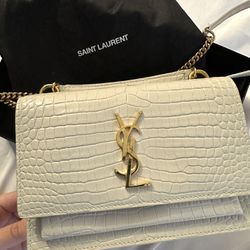 Saint Laurent Sunset Chain Wallet in Crocodile-Embossed Shiny Leather - White - Women