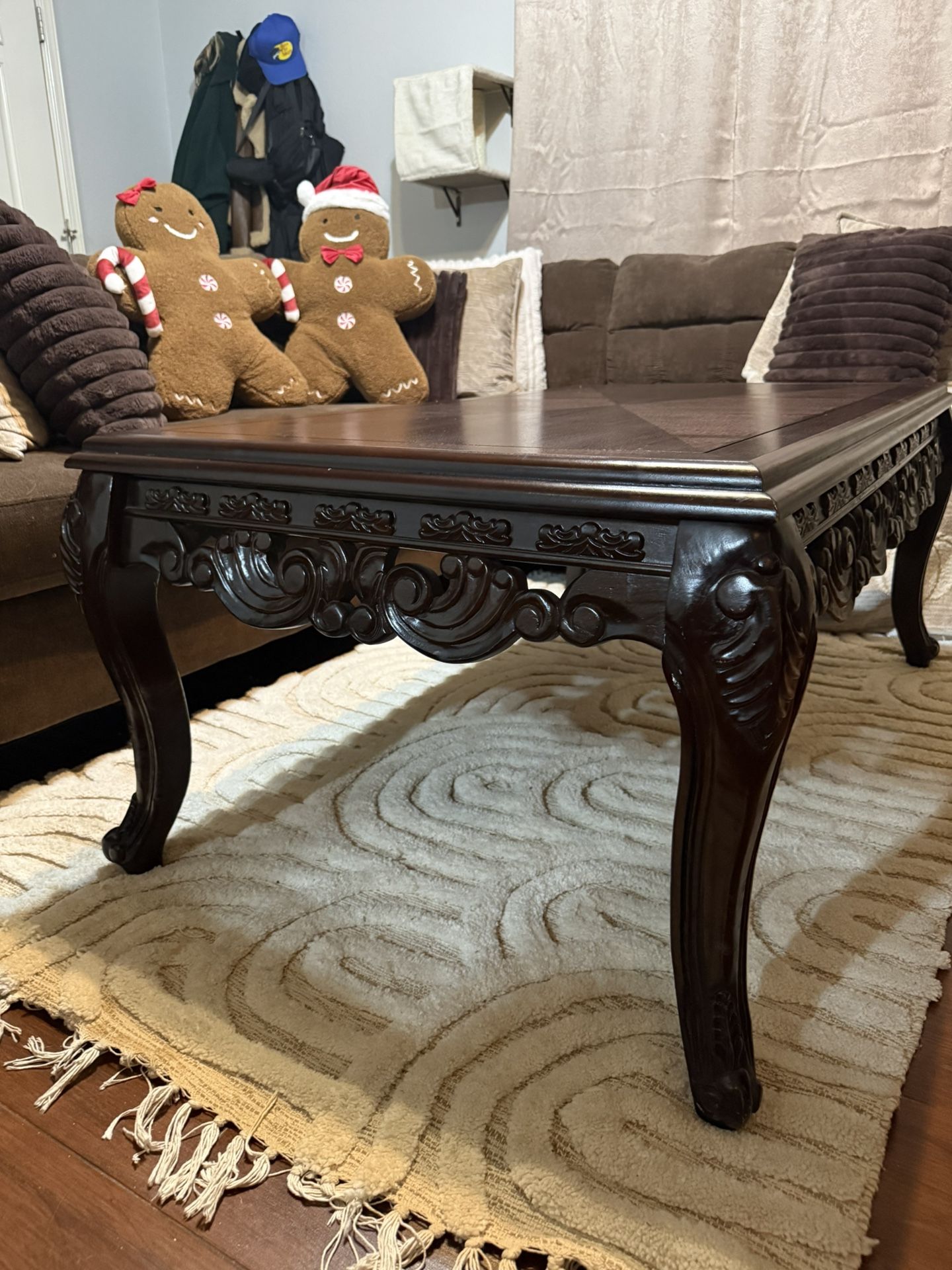 • Carved Dark Wood Coffee Table – Solid & Beautiful
