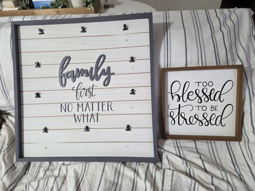 BOTH FOR $8.00-TWO WOODEN FARMHOUSE WALL "FAMILY" PLAQUES- ONE HAS CLIPS TO HANG NOTES/REMINDERS...