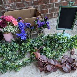Flowers, Mason Jars, Greenery Garland. Tabletop Chalkboard, Wreath 