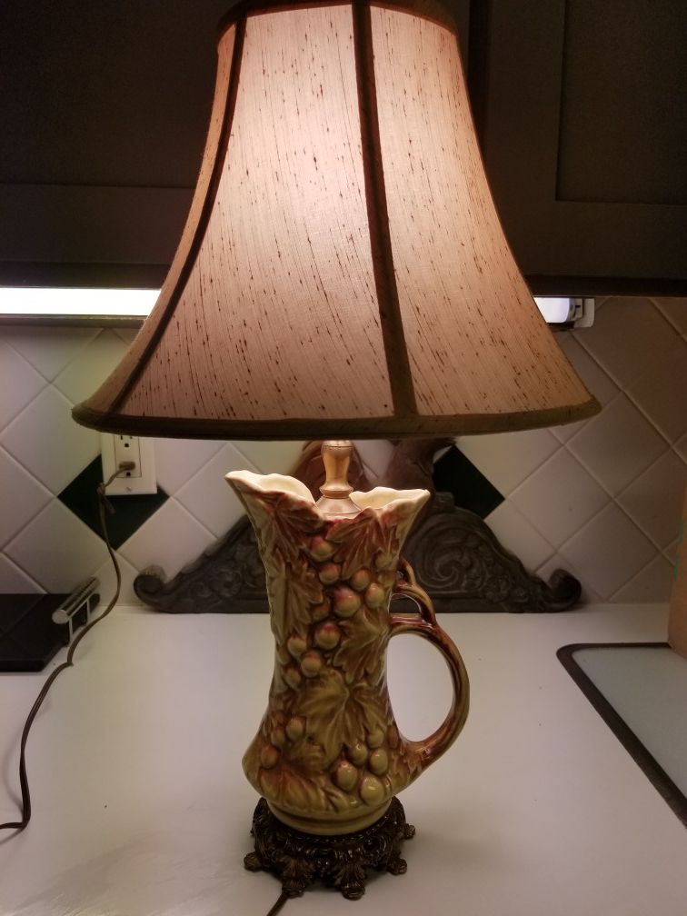 ANTIQUE VINTAGE PITCHER FRUIT LAMP WITH BRASS TOP AND BASE