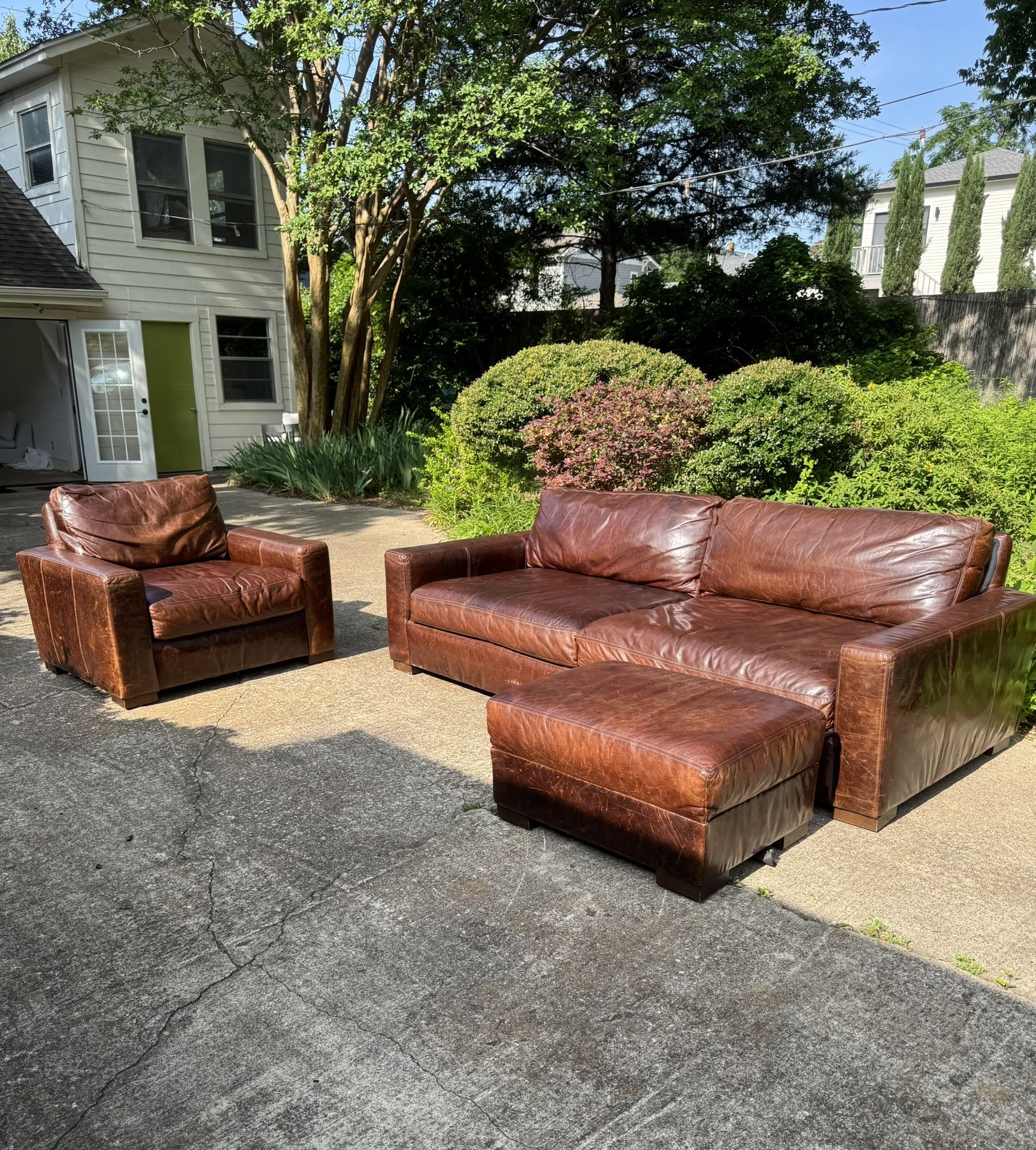 RH Maxwell Living Room Set Leather Sofa Chair Ottoman Restoration Hardware Brown
