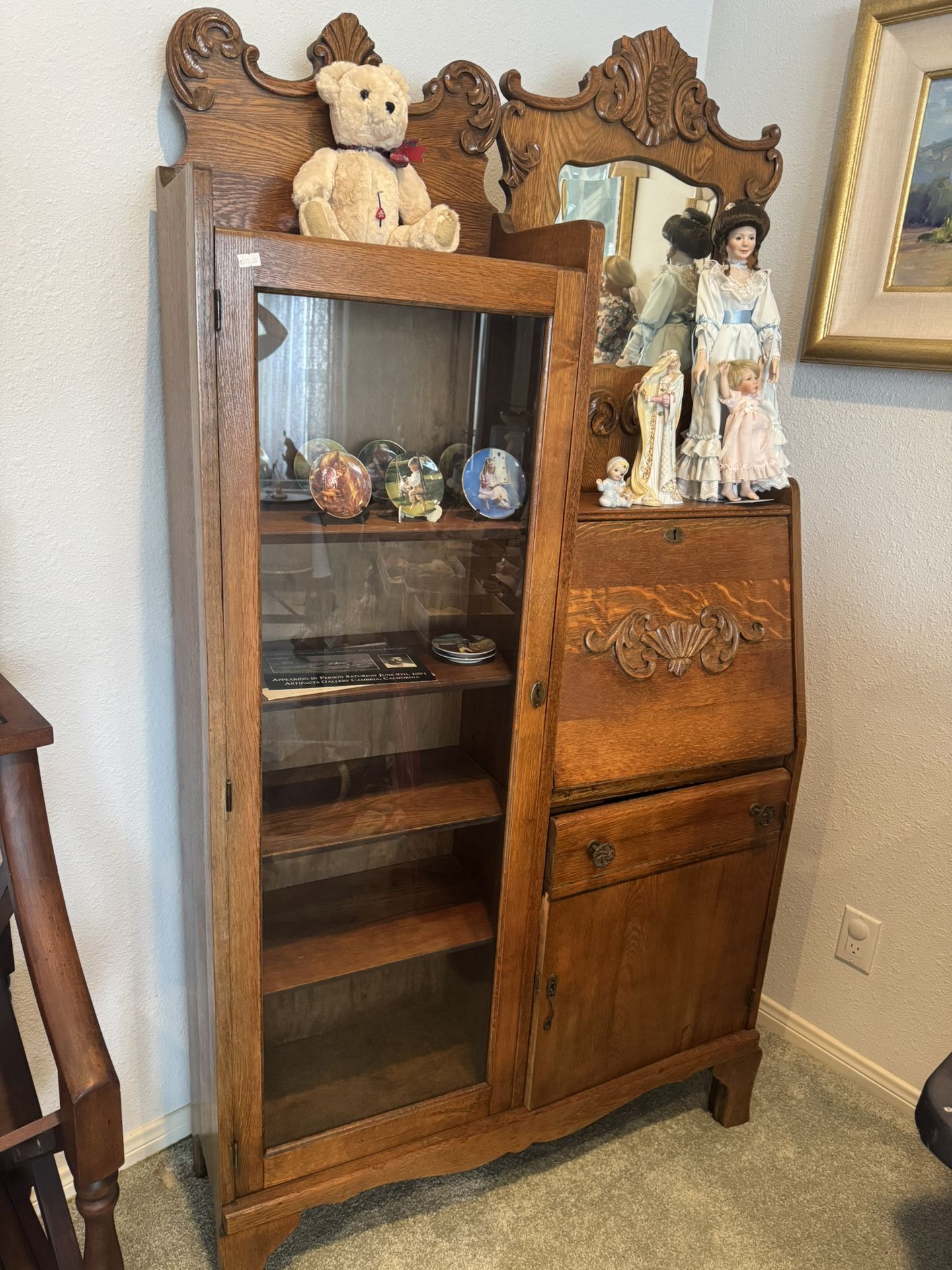 Antique Oak Secretary Drop Down Desk Glass Bookcase Curio Cabinet