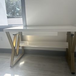 50" Rectangular Modern White Computer Desk Office Desk With Drawer And Shelf Gold Leg 