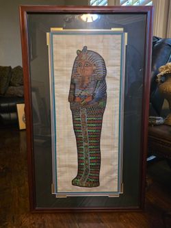 Vintage Framed Egyptian Papyrus Painting – King Tut Sarcophagus Wall Art