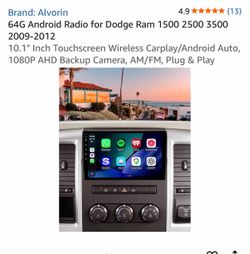 64G Android Radio for Dodge Ram 1 3-2012 10.1" Inch Touchscreen Wireless Carplay/Android Auto, 1080P AHD Backup Camera, AM/FM, Plug & 