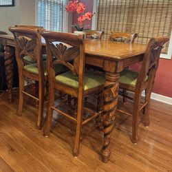 Solid Wood Dining Table (Counter Height)/6 Chairs has Beautiful Intricate Carved Legs And Back Support