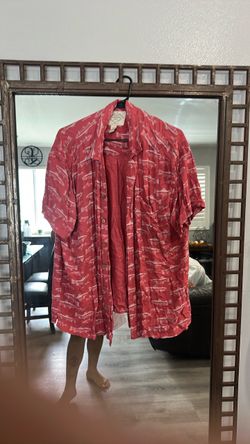 Red Fish Print Short Sleeve Button-Up Shirt