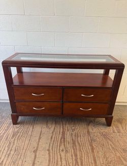 Vintage Cherry Wood Console Table with Glass Top & 4 Drawers